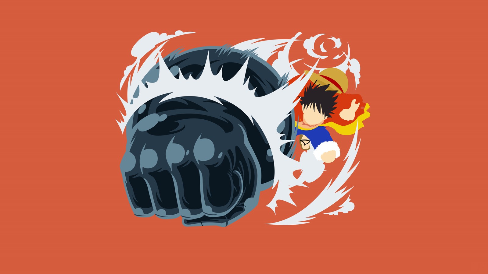 A cartoon character punching a fist with a fist (monkey d luffy, fist, one piece, orange background, minimal art)