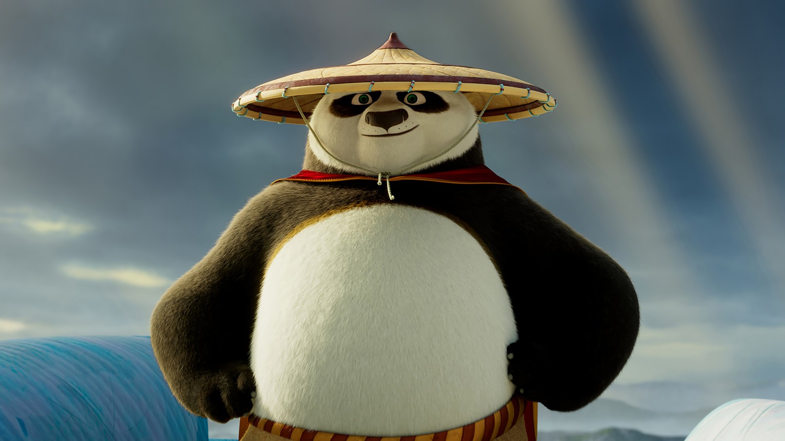 Una jirafa con un sombrero sombrío está de pie sobre una tabla de surf (kung fu panda 4, película, po)