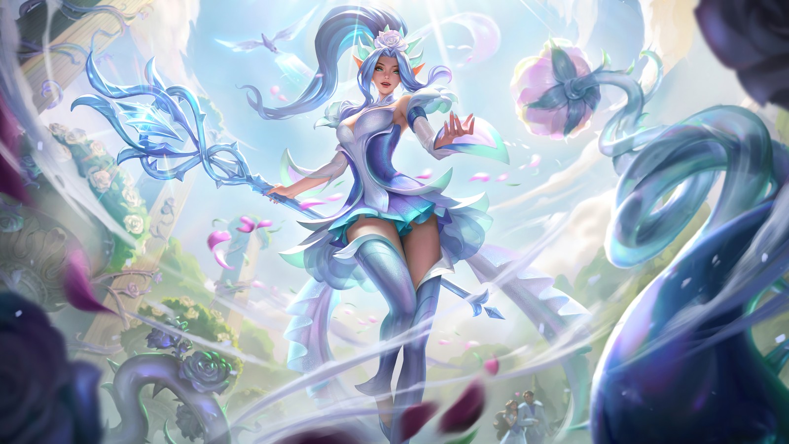 Une femme en robe bleue tenant une baguette et entourée de fleurs (rose cristal, janna, lol, art visuel, league of legends)