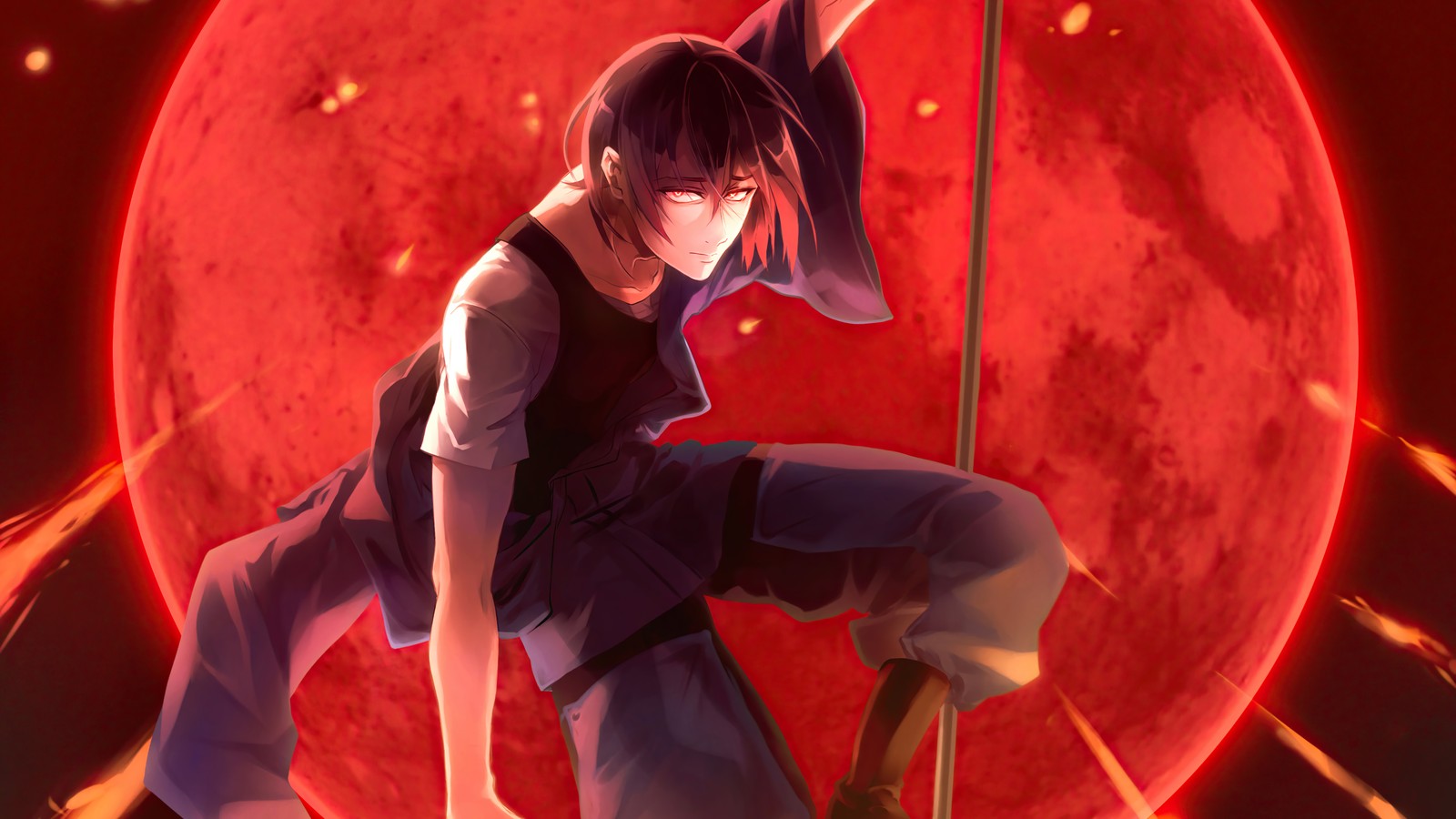 Anime, a man in a black shirt and a red background (fire force, anime, enen no shouboutai, 炎炎ノ消防隊, benimaru shinmon)