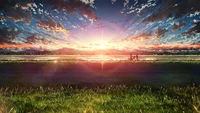 Anime Sunrise Over Serene Landscape with Bicyclists