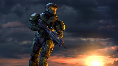 Spartanischer Abenteurer in Halo-Rüstung gegen einen Sonnenuntergangshimmel