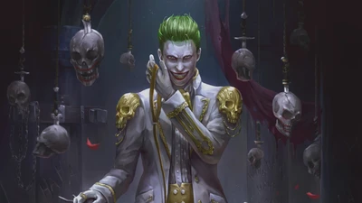 Joker en un entorno siniestro, adornado con calaveras, encarnando el caos y el humor oscuro del universo de DC Comics.