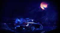 Futuristische Nachtfahrt unter einem Blutmond mit einem heulenden Wolf