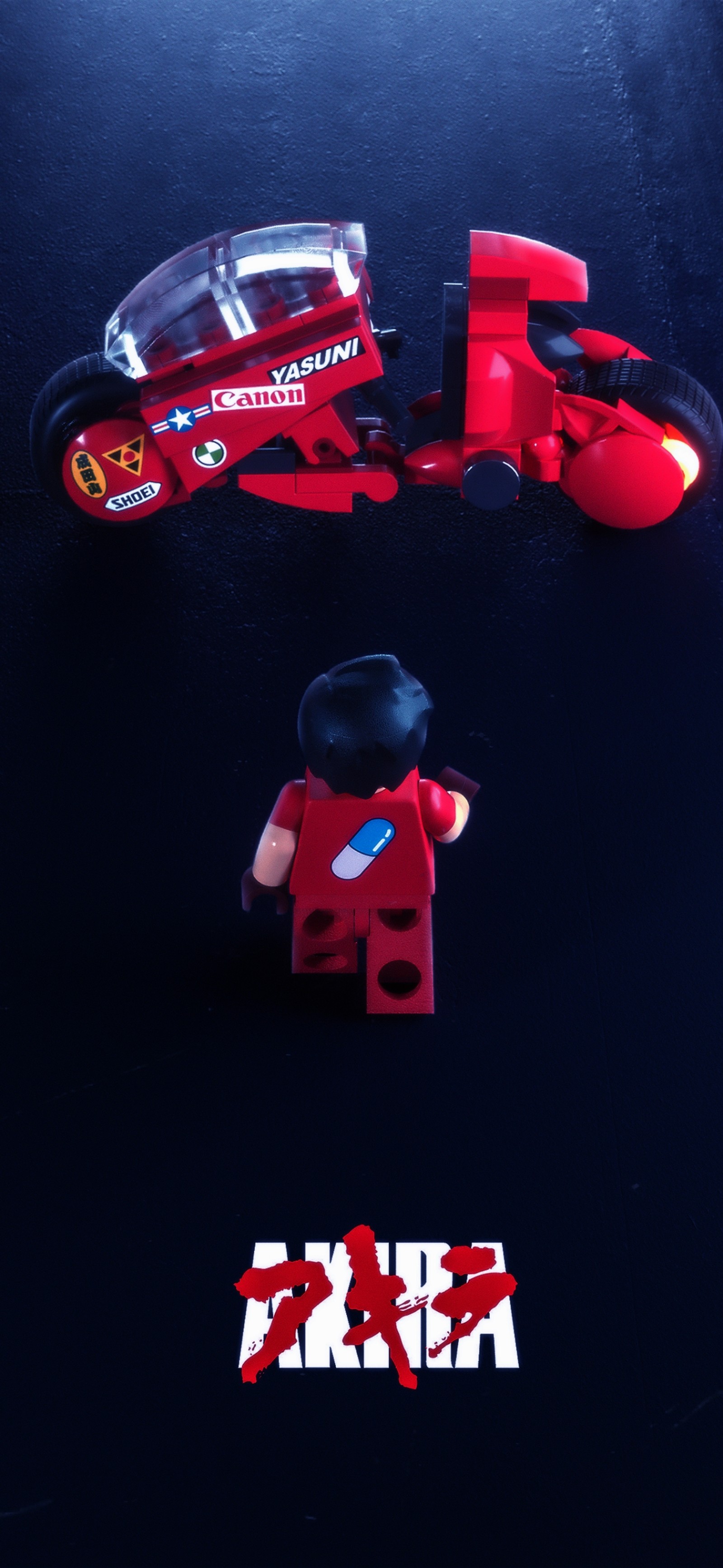 Un hombre de lego con un coche rojo y una motocicleta roja sobre una superficie negra (lego, anime, personaje, juguete, iluminación automotriz)