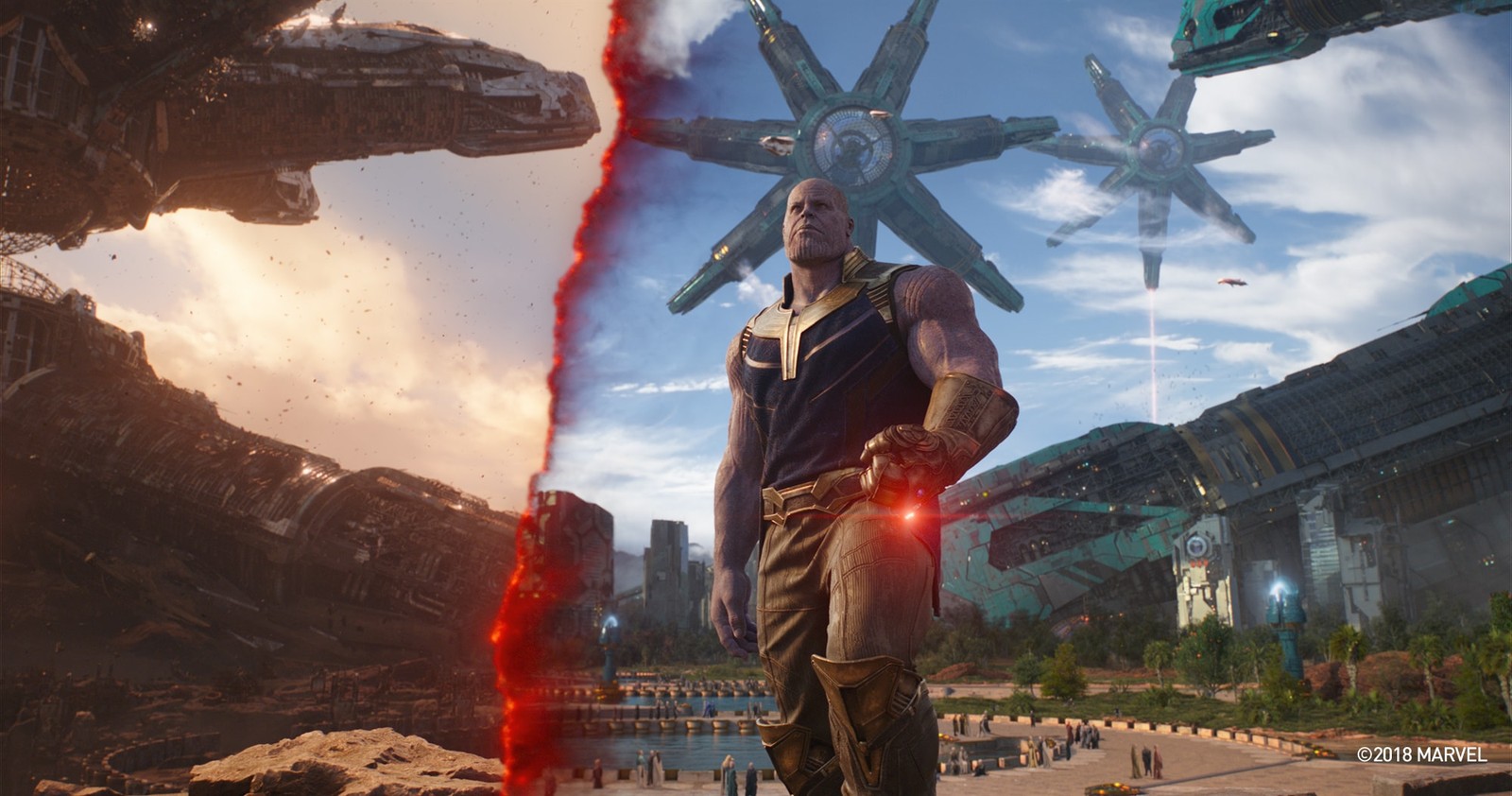 A man standing in front of a giant spaceship and a giant spaceship (thanos, spider man, doctor strange, iron man, titan)