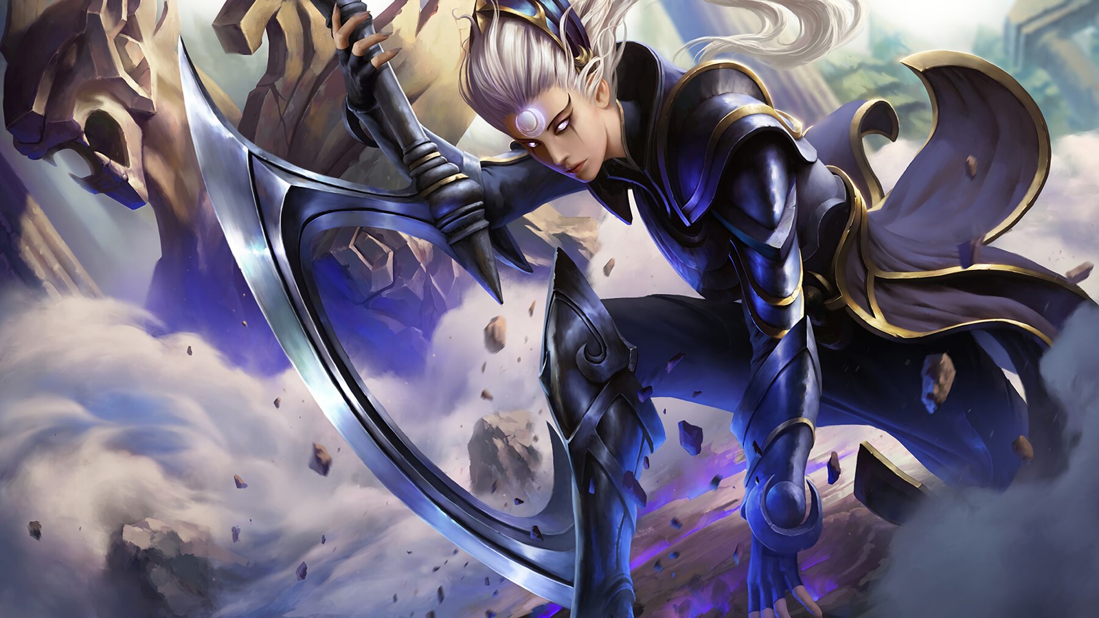 A close up of a woman in a black outfit holding a sword (diana, league of legends, lol, video game)