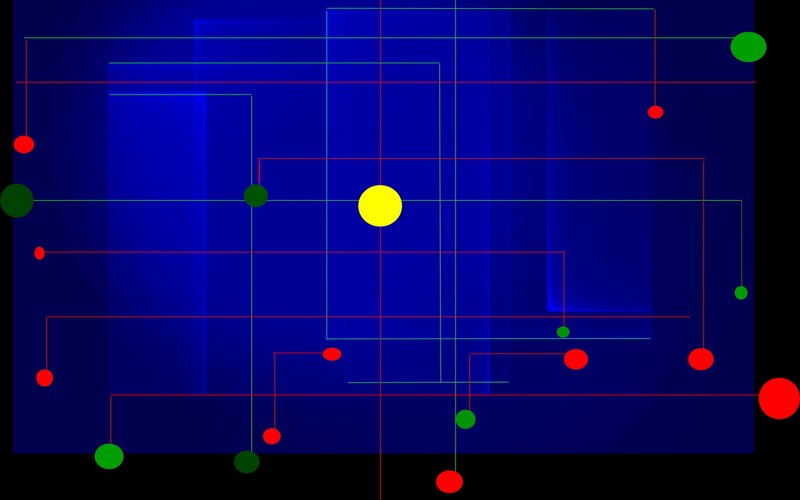 A blue background with a yellow dot and red dots (diagram, circle, line, space, point)