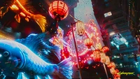 Festival cyberpunk vibrante com luzes de néon e peixes koi em uma paisagem urbana futurista