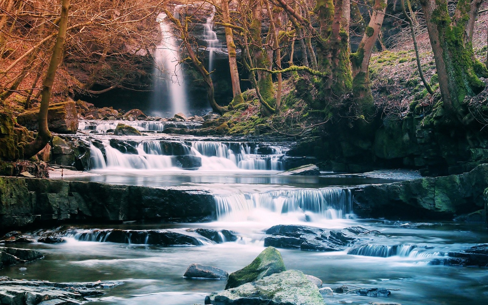 A close up of a waterfall in a forest with rocks and trees (waterfall, river, body of water, water resources, nature)