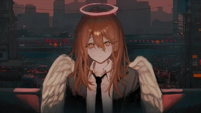 Angel Devil from Chainsaw Man in a cityscape at dusk.