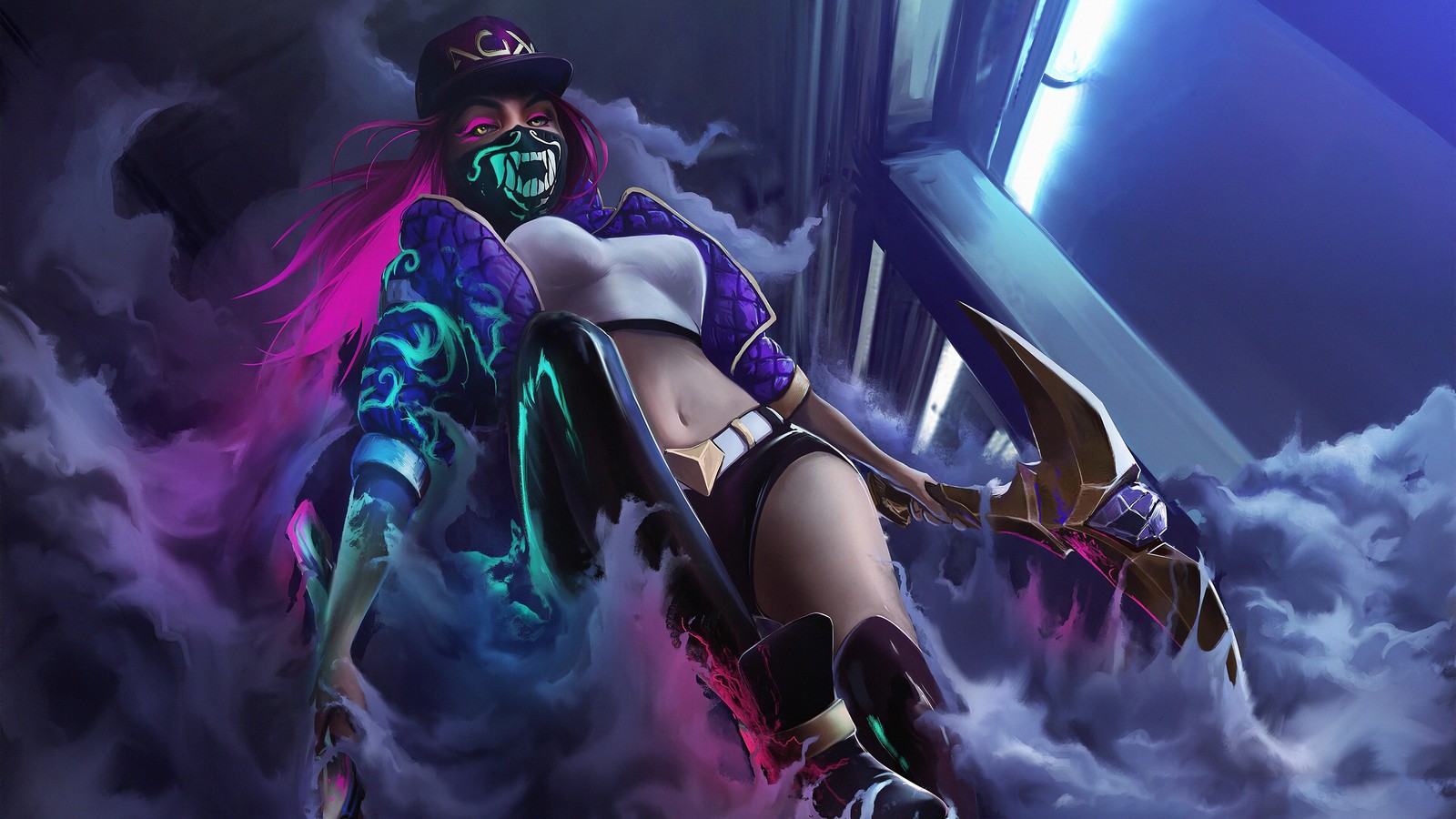 Femme avec un masque à gaz volant à travers les nuages (kda, akali, lol, league of legends, jeu vidéo)