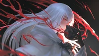 White-Haired Anime Girl with Red Eyes and Mask Surrounded by Dark Splashes of Color