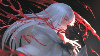 White-Haired Anime Girl with Red Eyes and Mask Surrounded by Dark Splashes of Color