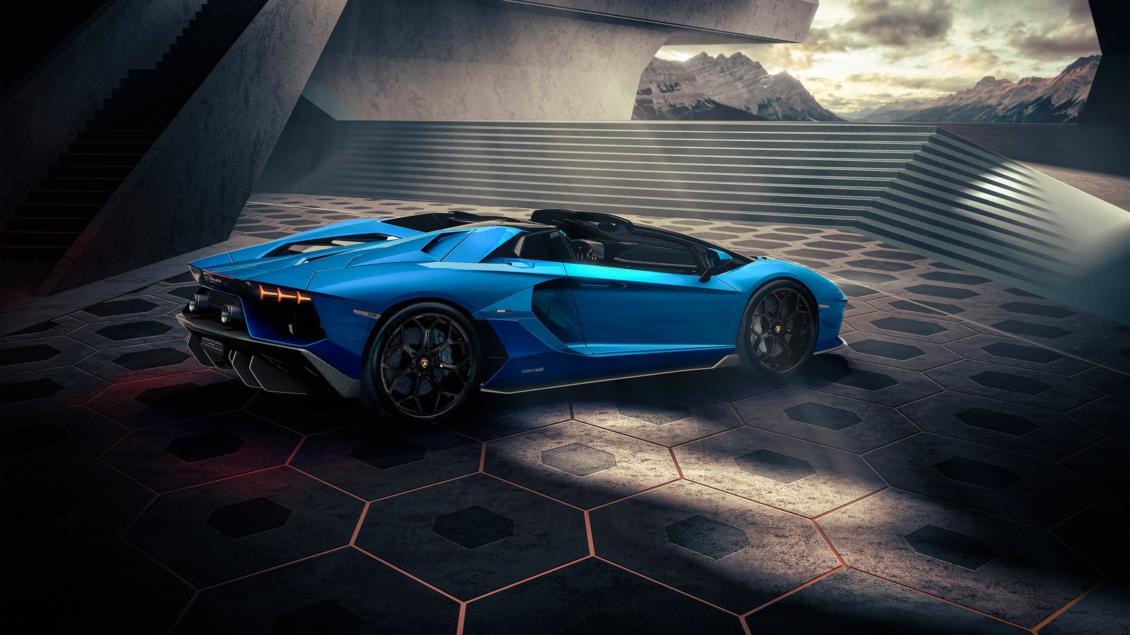 Un lamborghini roadster azul estacionado en una habitación oscura con escaleras (lamborghini aventador lp 780 4 ultimae roadster, supercoches, 2021, 5k, coches)