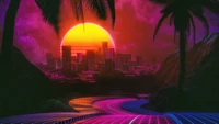 Paisagem urbana vibrante de synthwave ao pôr do sol