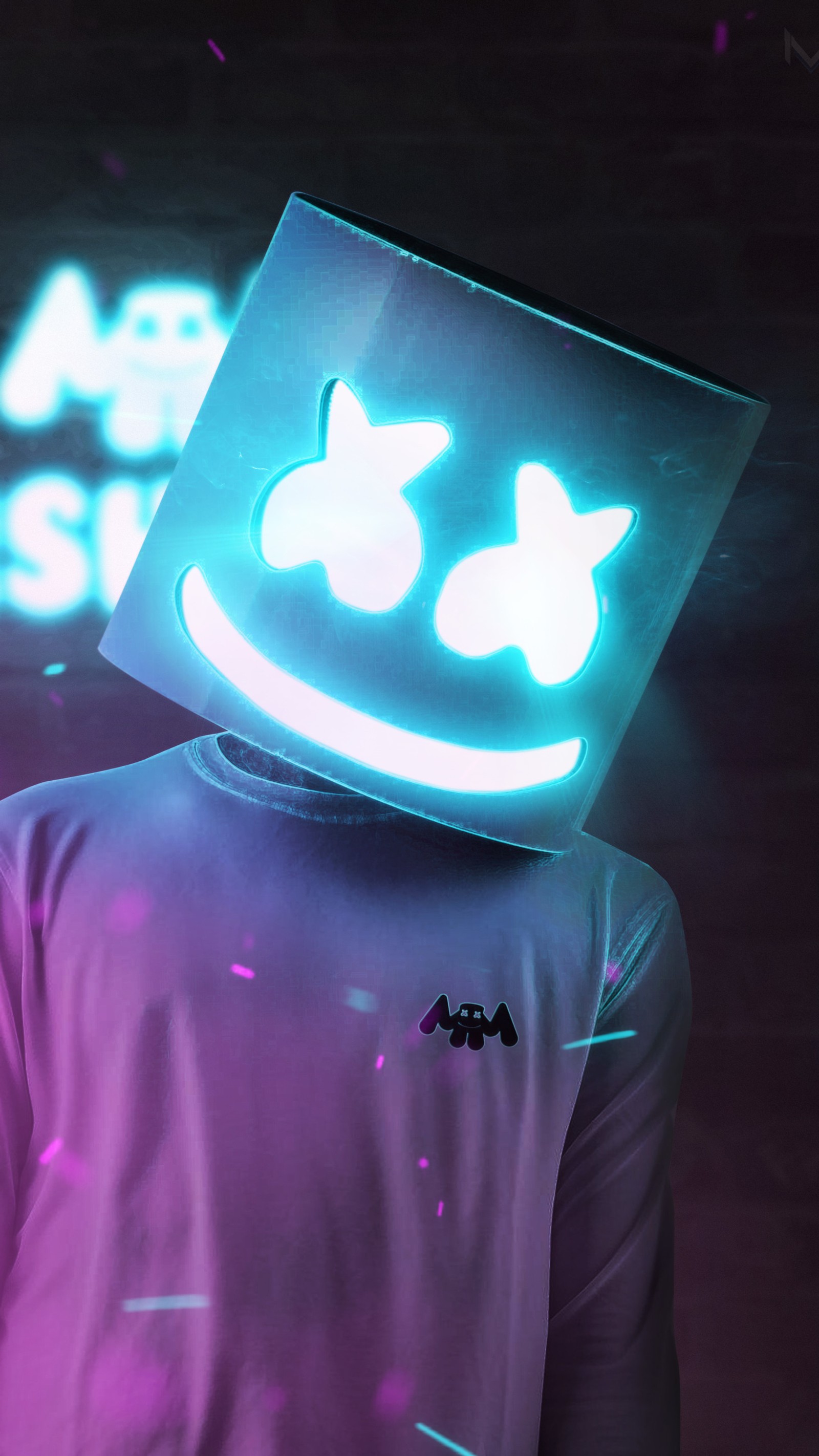 There is a man with a glowing head with a glowing marshboy on it (marshmello, magic, 4k, hd, marshmello walpaper)