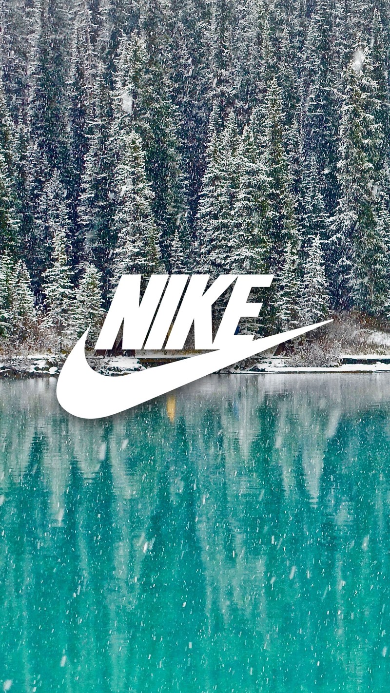 Логотип nike на озере, окруженном деревьями в снегу (синий, бренд, холодный, пейзаж, логотип)