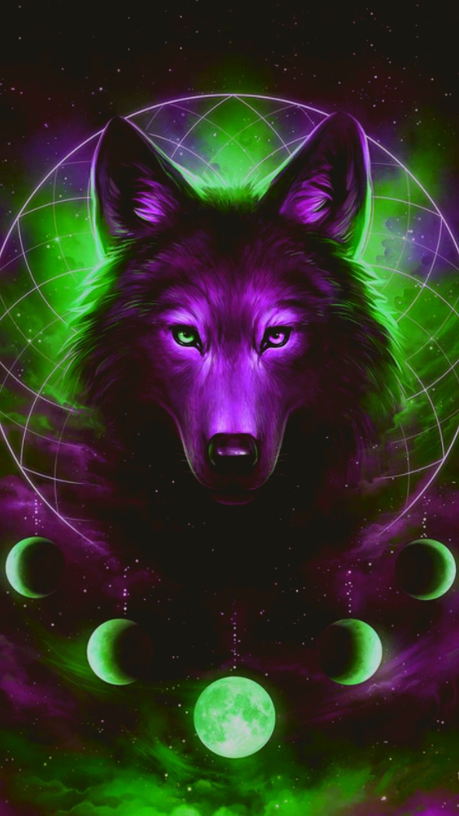 Un lobo con ojos verdes y un fondo púrpura (negro, luces, norteño, sombra, lobo)