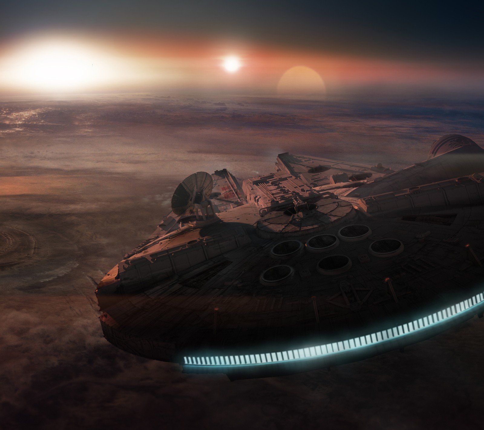 Spaceship in the sky with a bright light shining on it (film, lucas, millennium falcon, movie, ship)