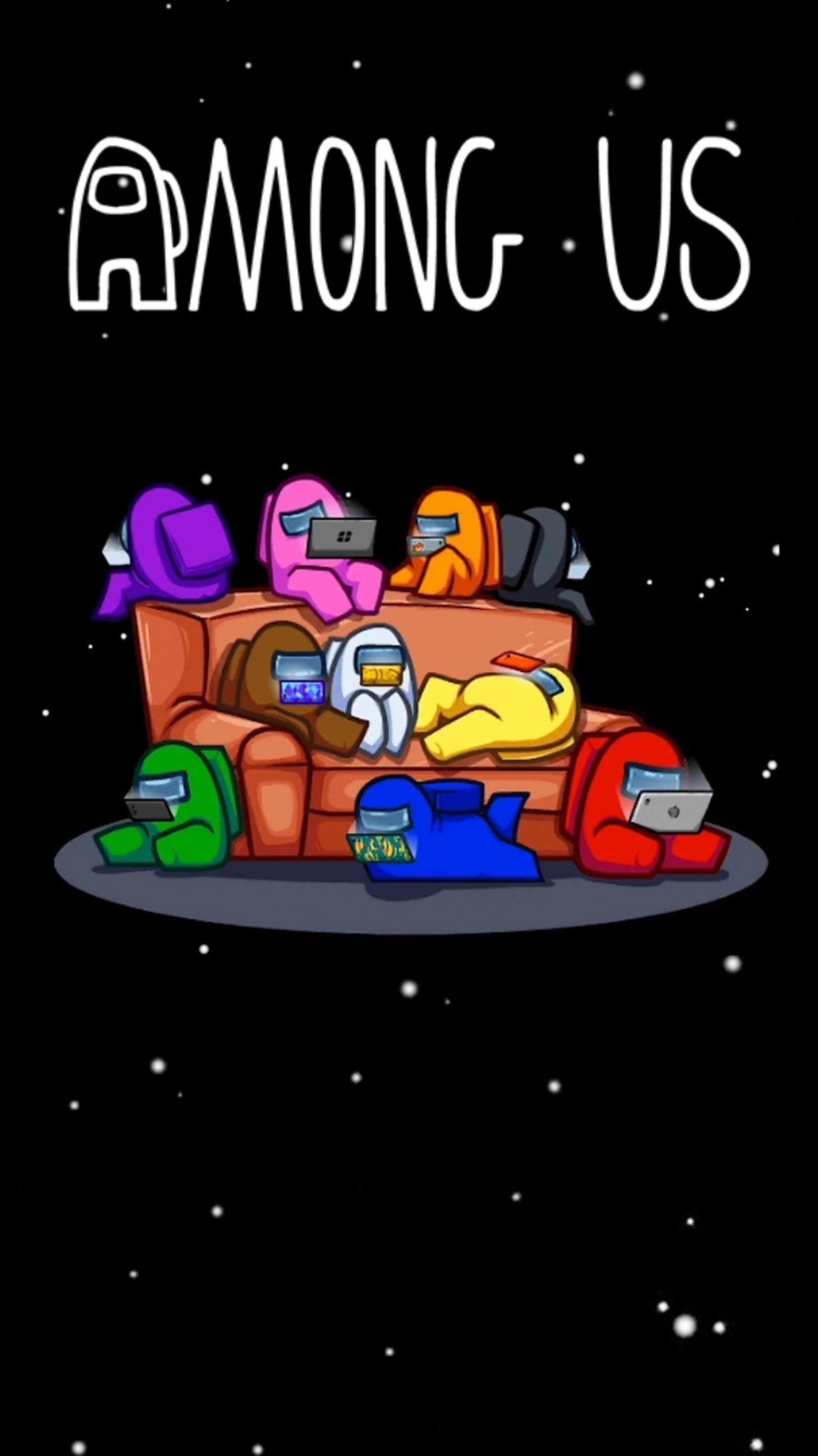 A cartoon picture of a couch with a bunch of stuff on it (among, among us, games, mobile, space)