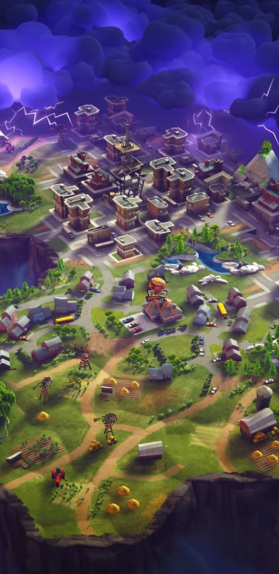 Carte de bataille dynamique de Fortnite avec des paysages urbains et ruraux