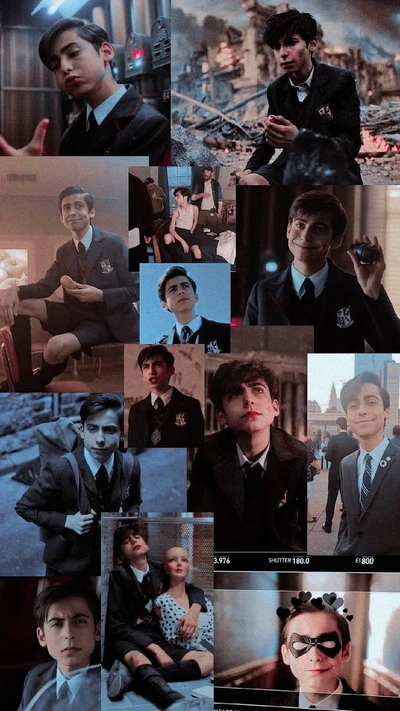 Colagem de Aiden Gallagher como Five Hargreeves de "The Umbrella Academy