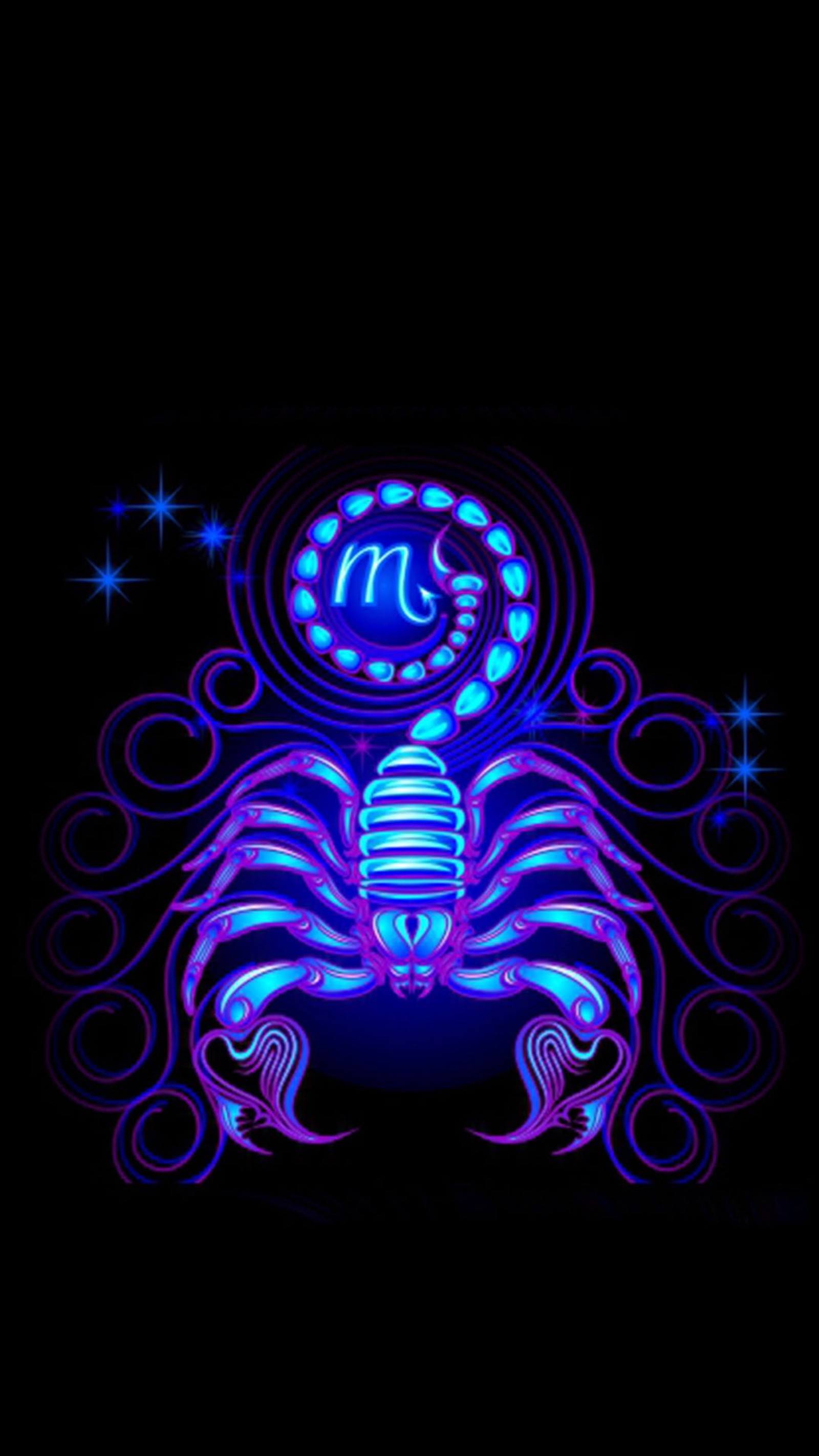 A neon scorpion with a glowing tail and a glowing tail (sign, zodiac)