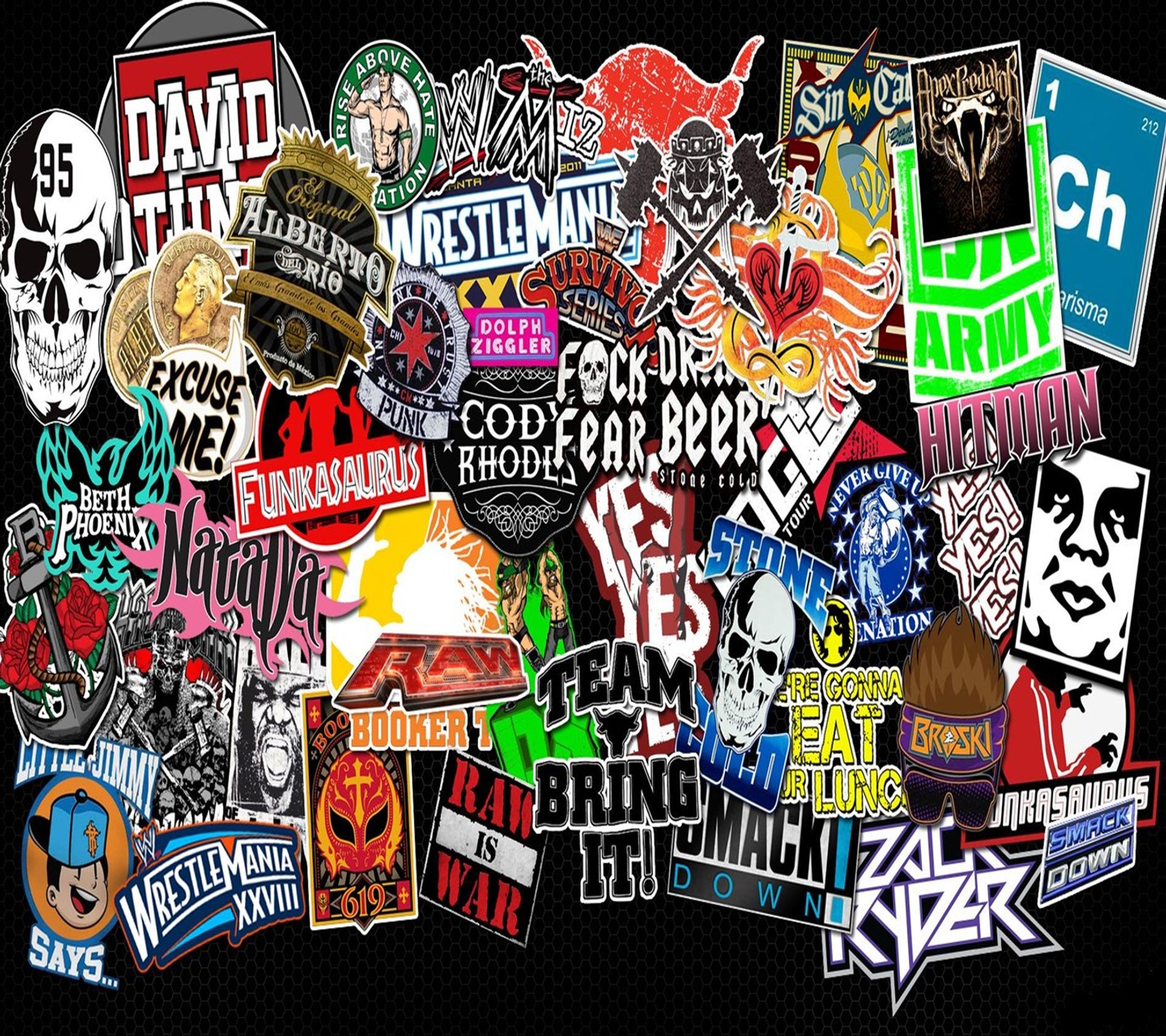 A close up of a bunch of stickers on a black background (entertainment, hollywood, raw, smackdown, superstars)