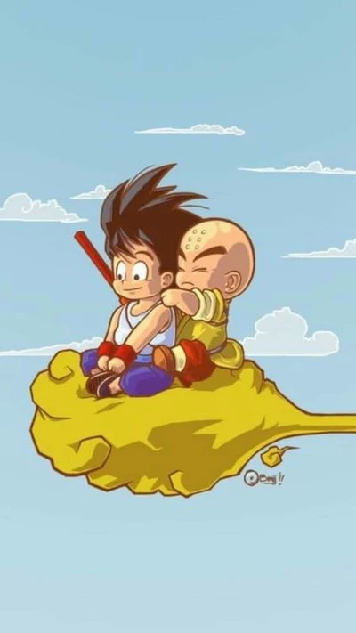 Goku e Kuririn montando o Nimbus voador na aventura Dragon Ball