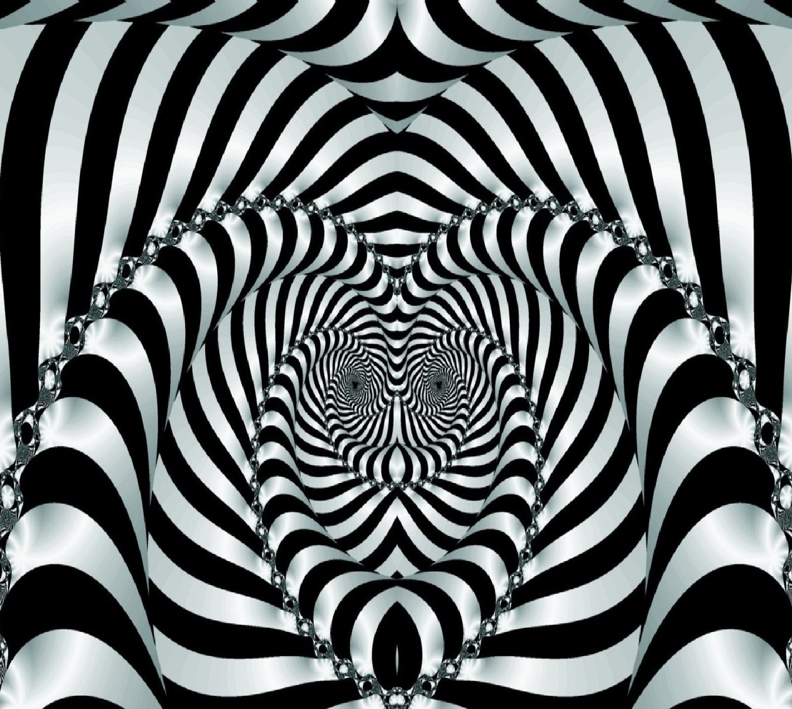 A close up of a black and white striped background with a circular design (abstract)