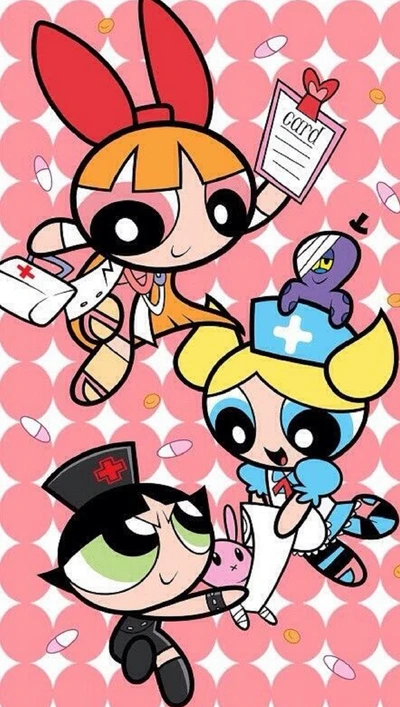 The Powerpuff Girls in playful poses, showcasing their unique abilities and personalities against a vibrant pink background.