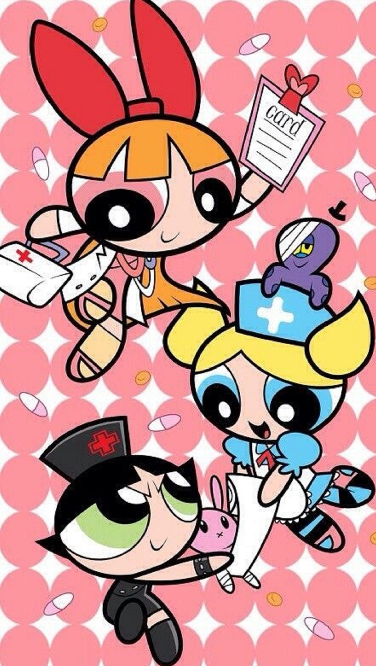 Una imagen de dibujos animados de tres chicas con diferentes atuendos y peinados (caricatura, las chicas superpoderosas, powerpuff girls)