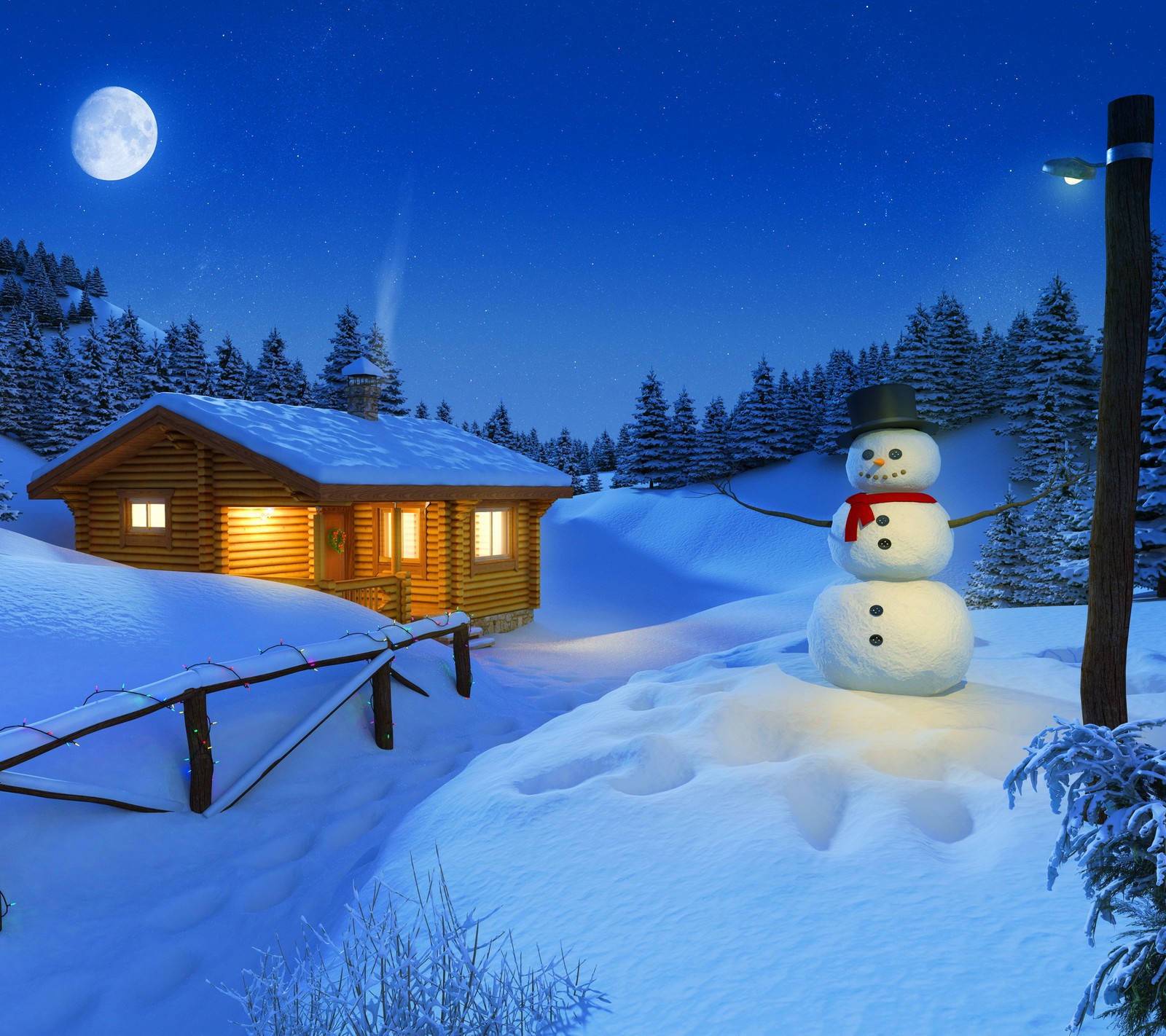 Scène nocturne enneigée avec un bonhomme de neige devant une cabane (noël, lumières, neige, bonhomme de neige, maison blanche)