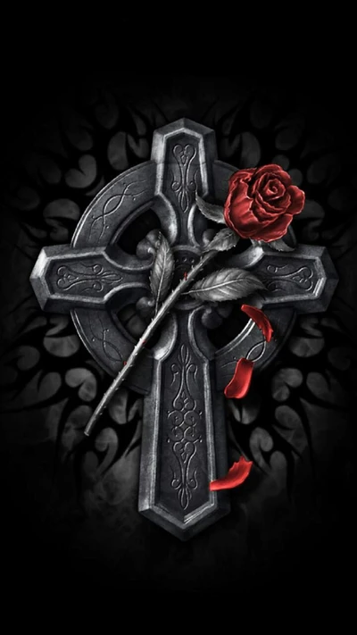 Croix gothique avec une rose noire et des pétales rouges