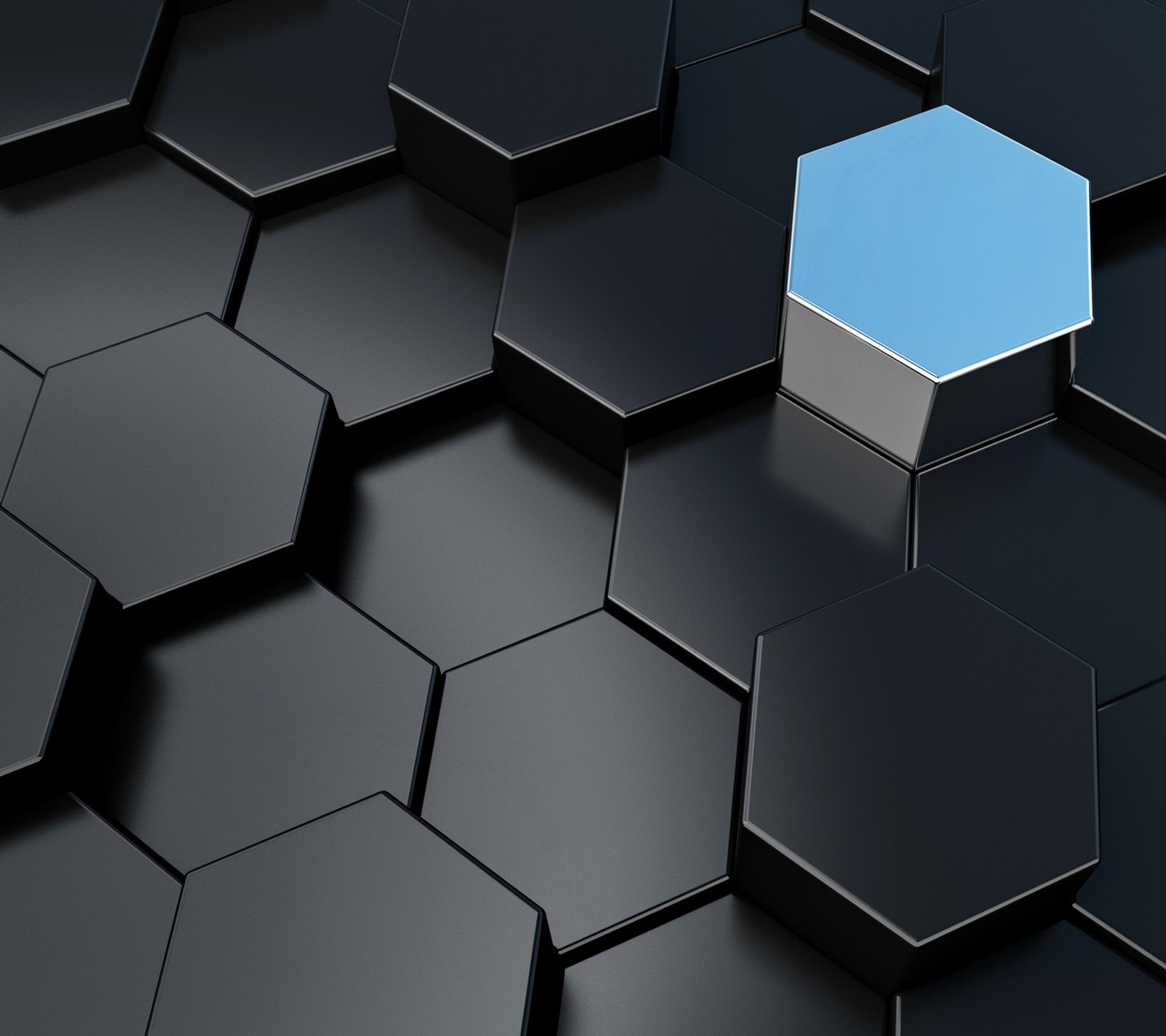 A close up of a blue cube in a black background (3d, geometry, hexagons, honeycombs)