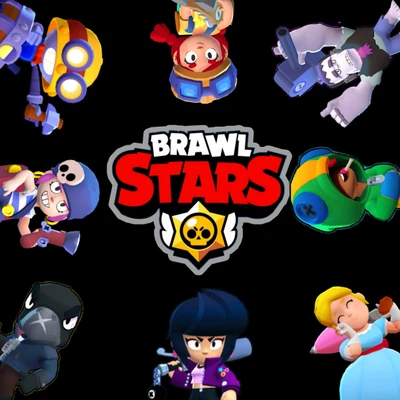 Colorful characters from Brawl Stars engaged in dynamic poses, showcasing their distinct abilities and personalities.