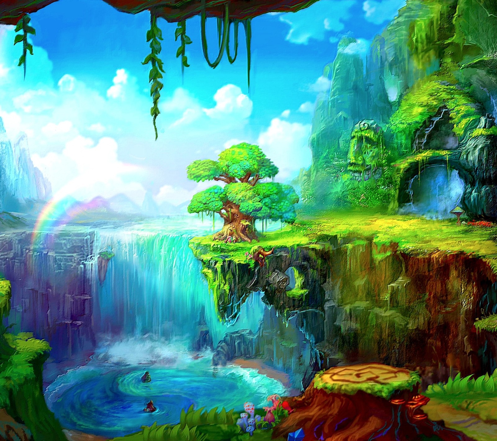 A painting of a waterfall with a rainbow in the sky (fantasy, hd, nature, nice)