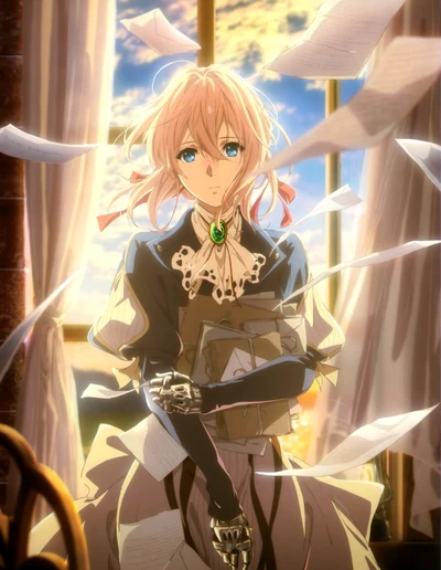 Violet Evergarden: Um momento de reflexão em meio a letras giratórias