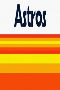 Stilisiertes Retro-Design mit dem Wort "Astros" und lebhaften horizontalen Streifen in Orange, Gelb und Rot.