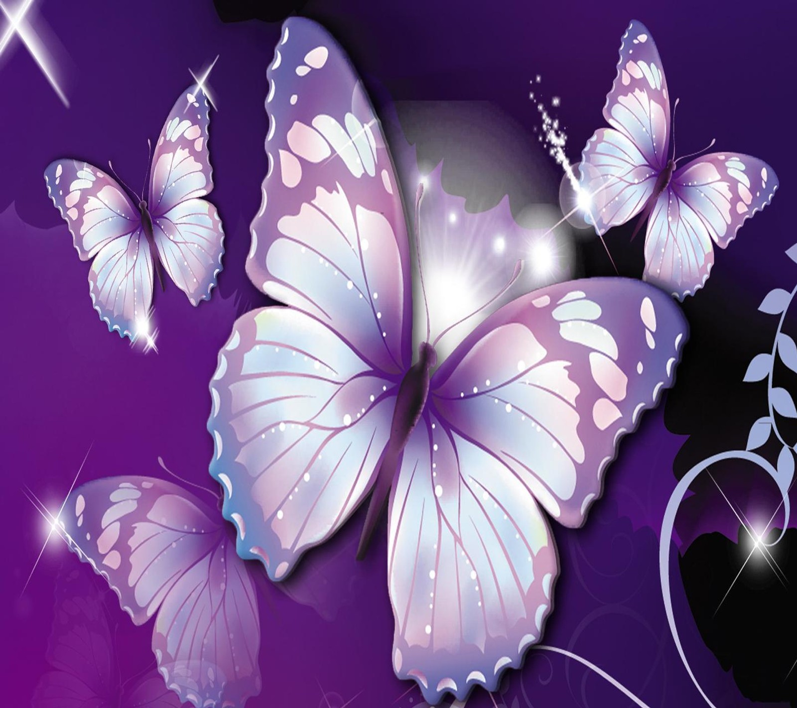 Purple butterflies with sparkles and swirls on a purple background (butterflies, wallpaper)