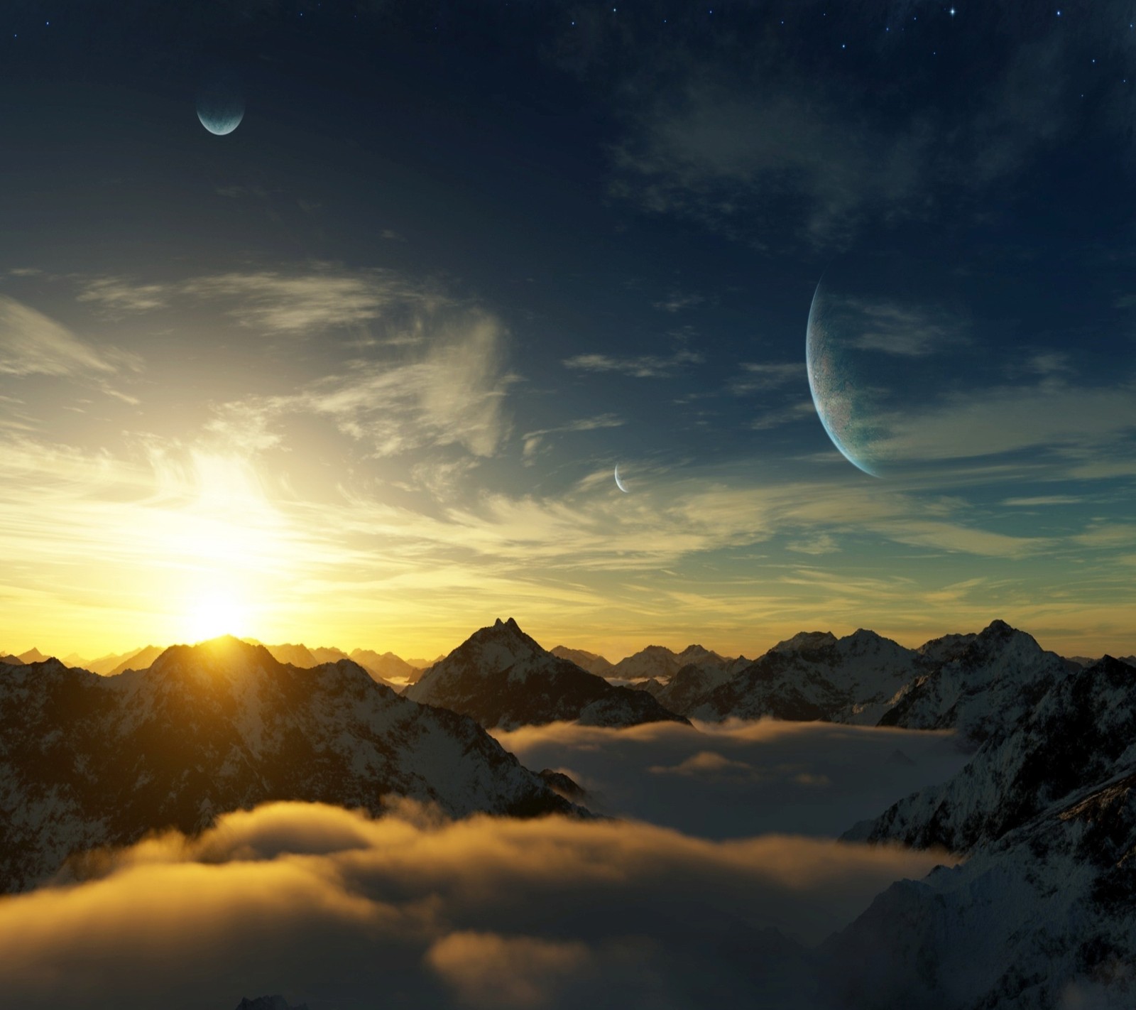 Lade cloudy mountains, digitale kunst, mond, planet, himmel Hintergrund herunter