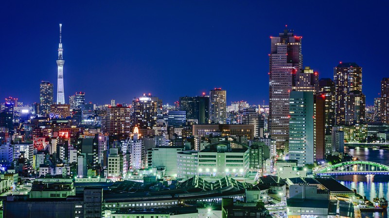 Вид на городской горизонт ночью с мостом (токийская башня, tokyo tower, городской пейзаж, город, городская территория)