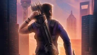 Hawkeye Standing Strong Amidst a Futuristic Cityscape