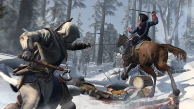 Connor Kenway Engages in Battle Amidst a Snowy Landscape in Assassin's Creed III