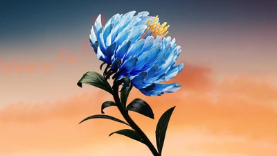 Éblouissante fleur bleue : art numérique de fleur au coucher de soleil vibrant