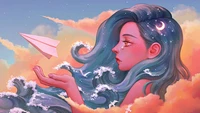 Dreamy Girl with Paper Plane in Cloudy Skies