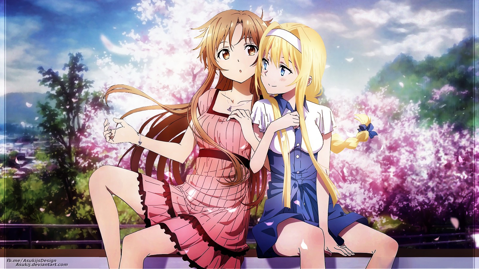 Deux filles d'anime assises sur un banc avec des fleurs en arrière-plan (asuna yuuki, alice zuberg, sao, sword art online alicization, anime)