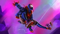 Miles Morales swinging through a vibrant, colorful cityscape as Spider-Man.