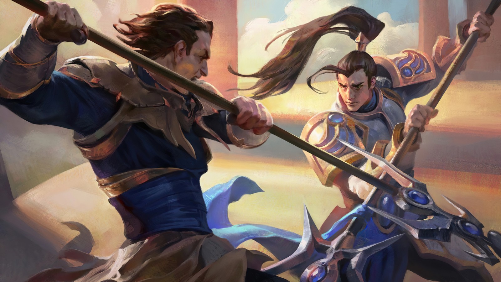 Una pintura de dos hombres con espadas y armaduras en un desierto (xin zhao, league of legends, lol, videojuego, arte)